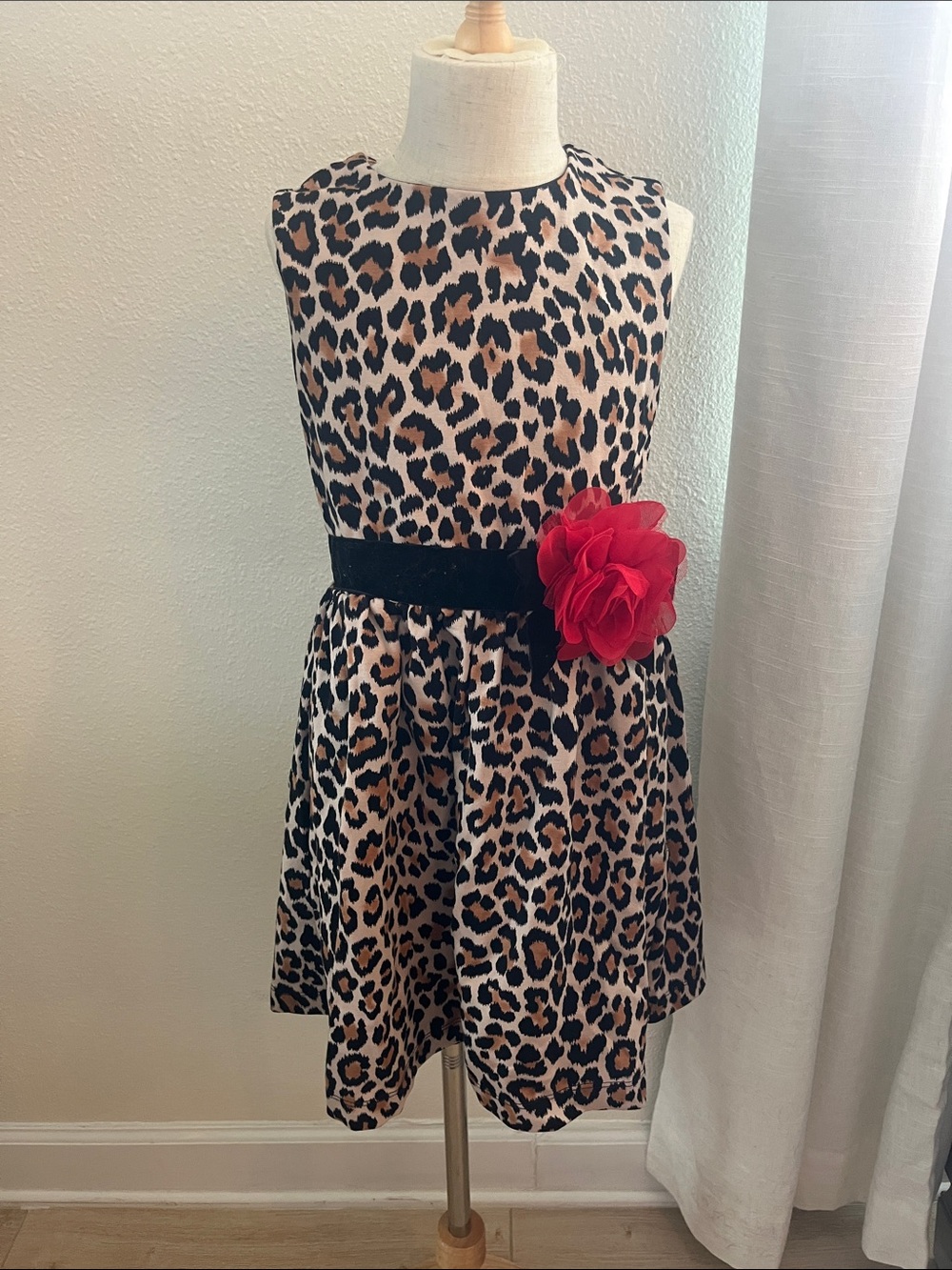 kate spade Girls Leopard Print Dress with Black Sash and Red Flower Accent